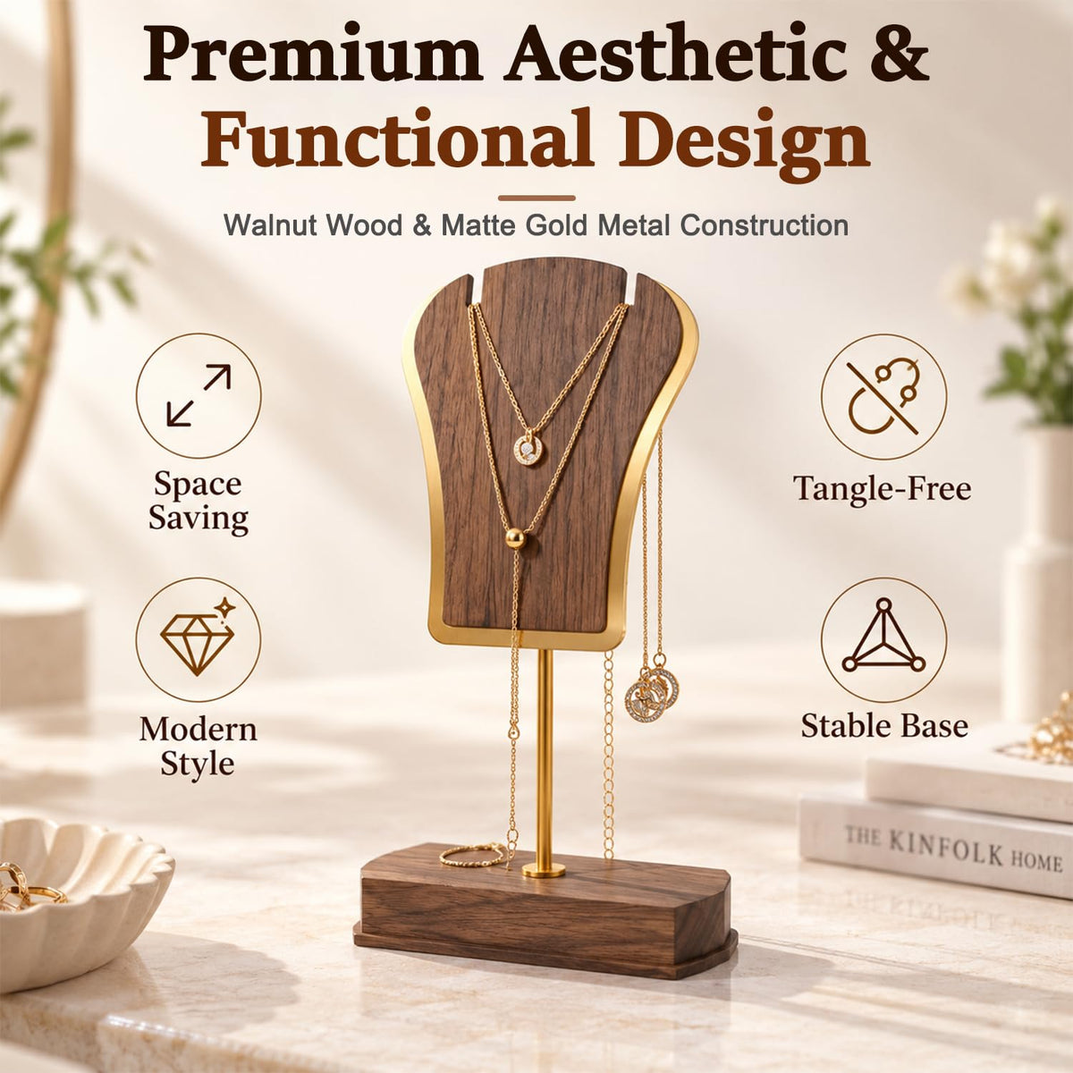 HASTHIP Necklace Display Stand with Weighted Wooden Base for Desktop Jewelry Storage