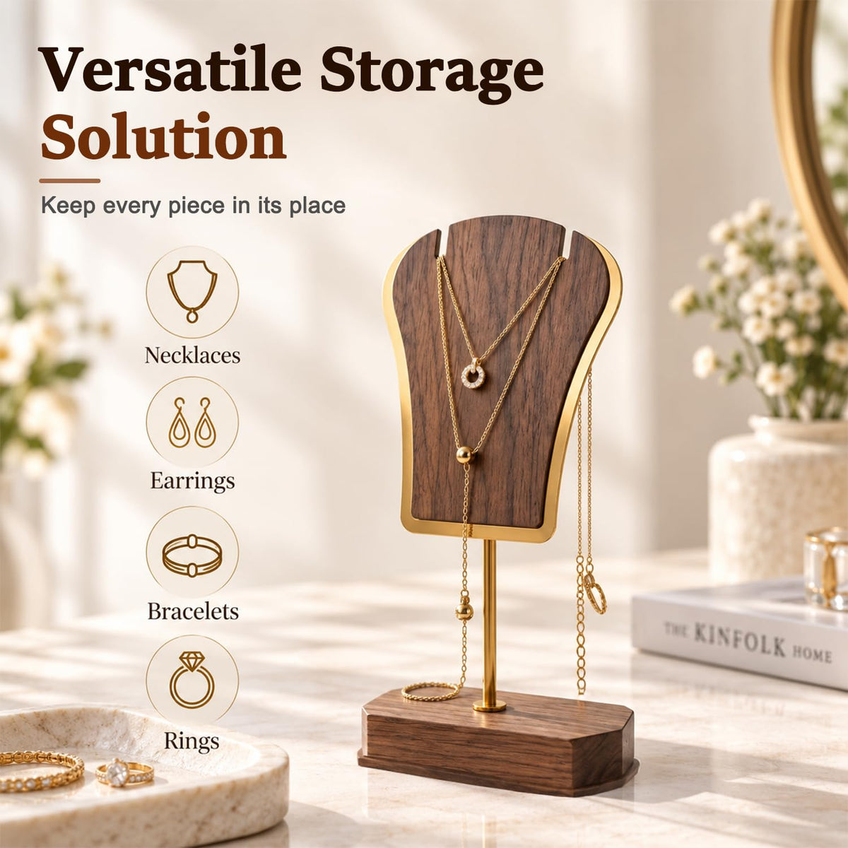 HASTHIP Necklace Display Stand with Weighted Wooden Base for Desktop Jewelry Storage