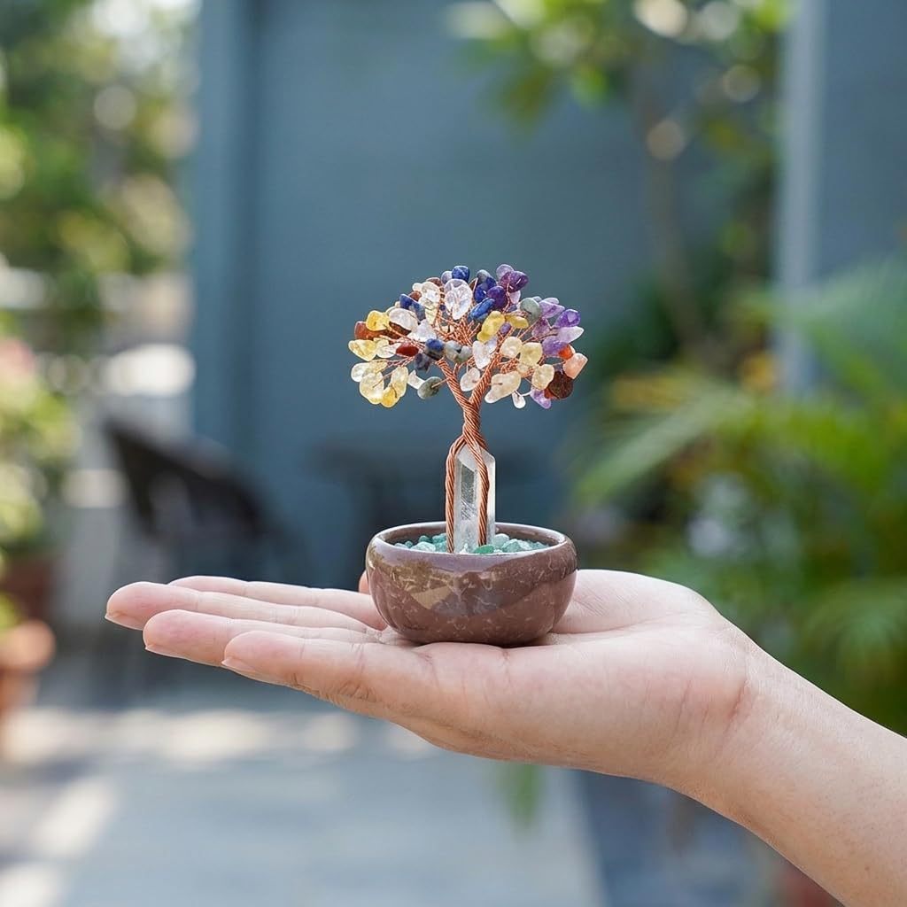 HASTHIP 7-Color Chakra Crystal Tree Ornament with Clear Quartz and Copper Wire Trunk