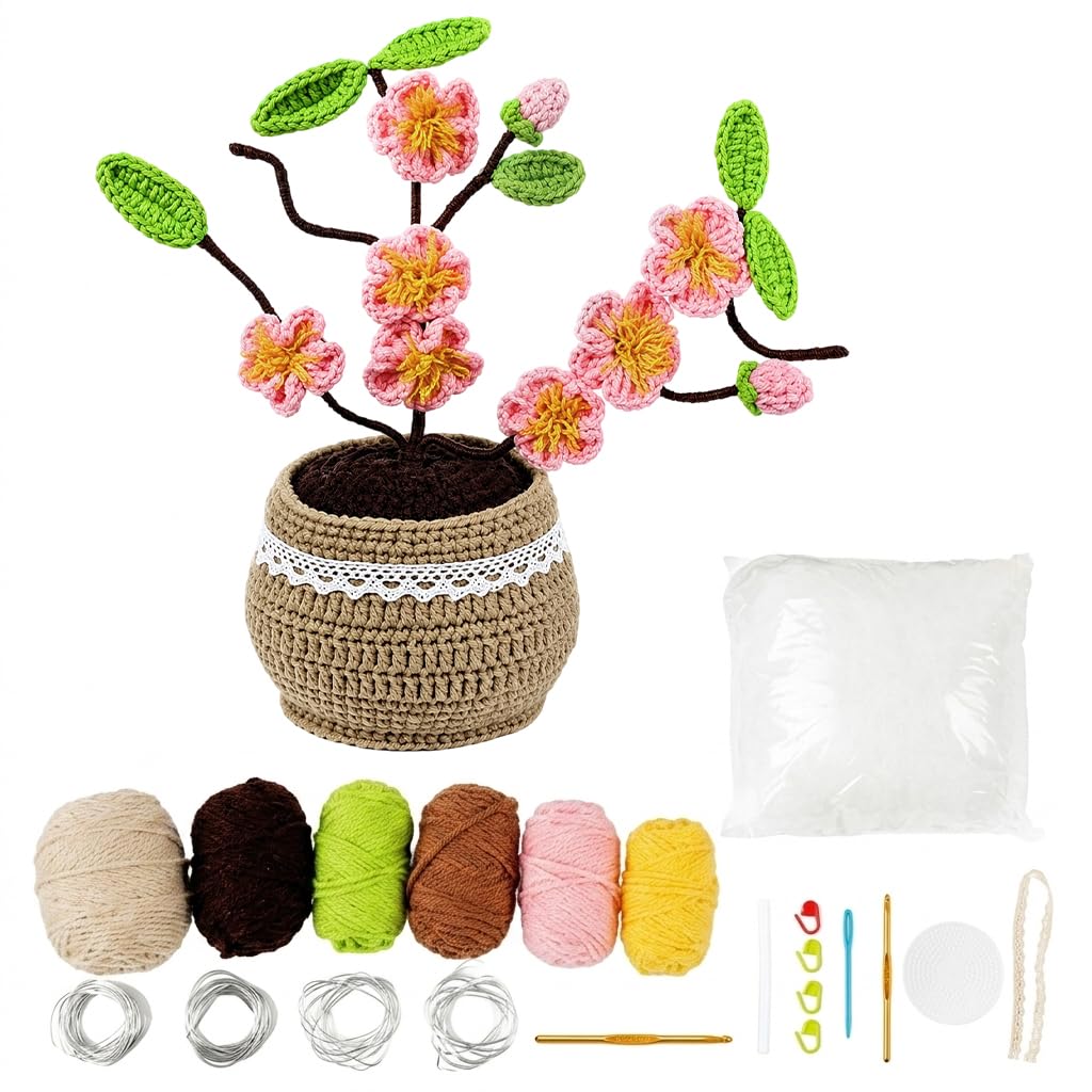 HASTHIP Beginner Peach Blossom Crochet Flower Kit with Soft Yarn, Hook, Needle and Video Tutorials