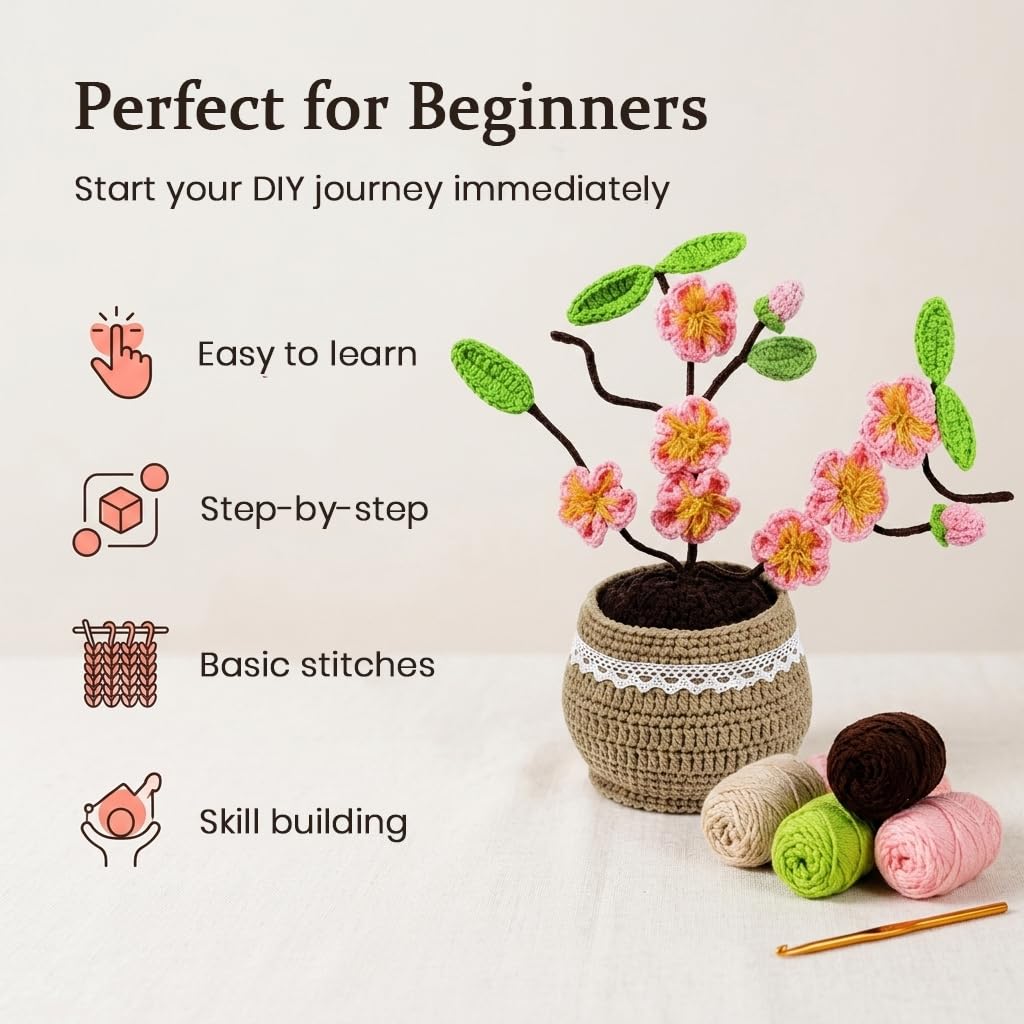 HASTHIP Beginner Peach Blossom Crochet Flower Kit with Soft Yarn, Hook, Needle and Video Tutorials
