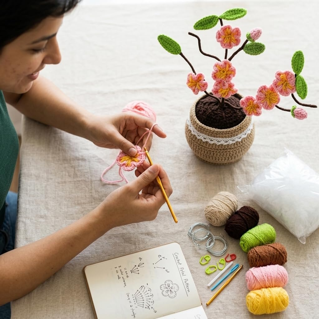 HASTHIP Beginner Peach Blossom Crochet Flower Kit with Soft Yarn, Hook, Needle and Video Tutorials