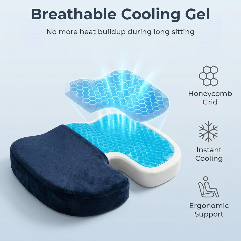 HASTHIP Cool Gel and Memory Foam Coccyx Cushion with U-Shaped Design and Non-Slip Base