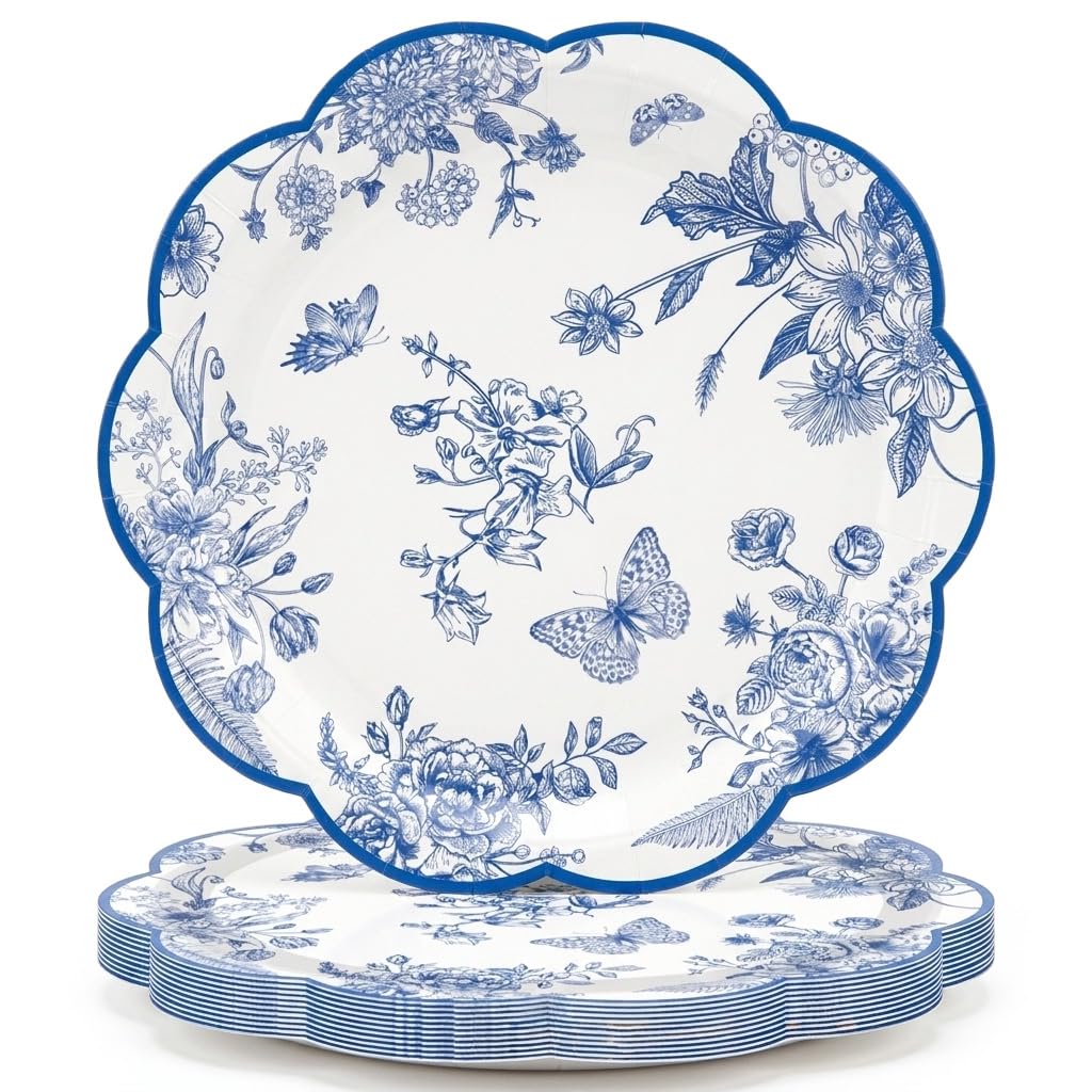 HASTHIP 24 Pack Blue Floral Paper Plates with Scalloped Edges for Parties and Table Decor