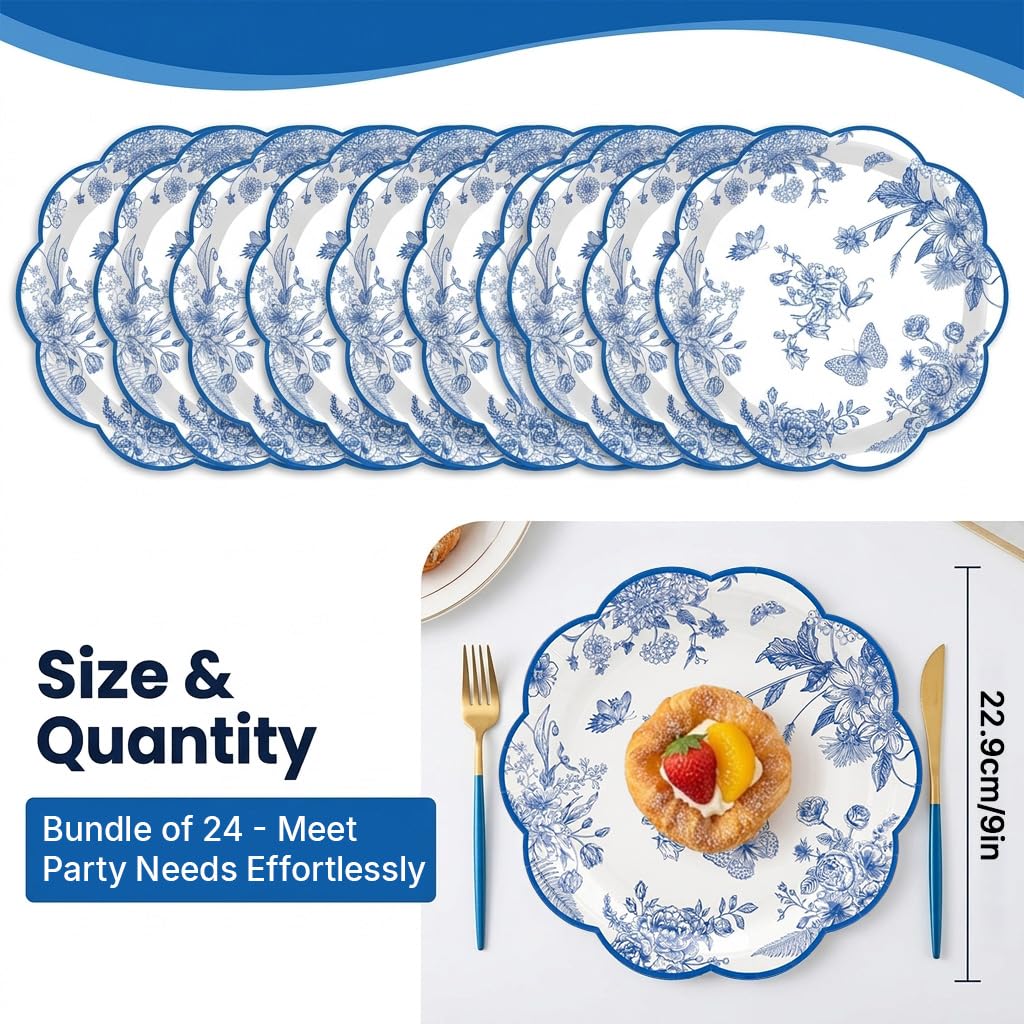 HASTHIP 24 Pack Blue Floral Paper Plates with Scalloped Edges for Parties and Table Decor