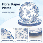 HASTHIP 24 Pack Blue Floral Paper Plates with Scalloped Edges for Parties and Table Decor