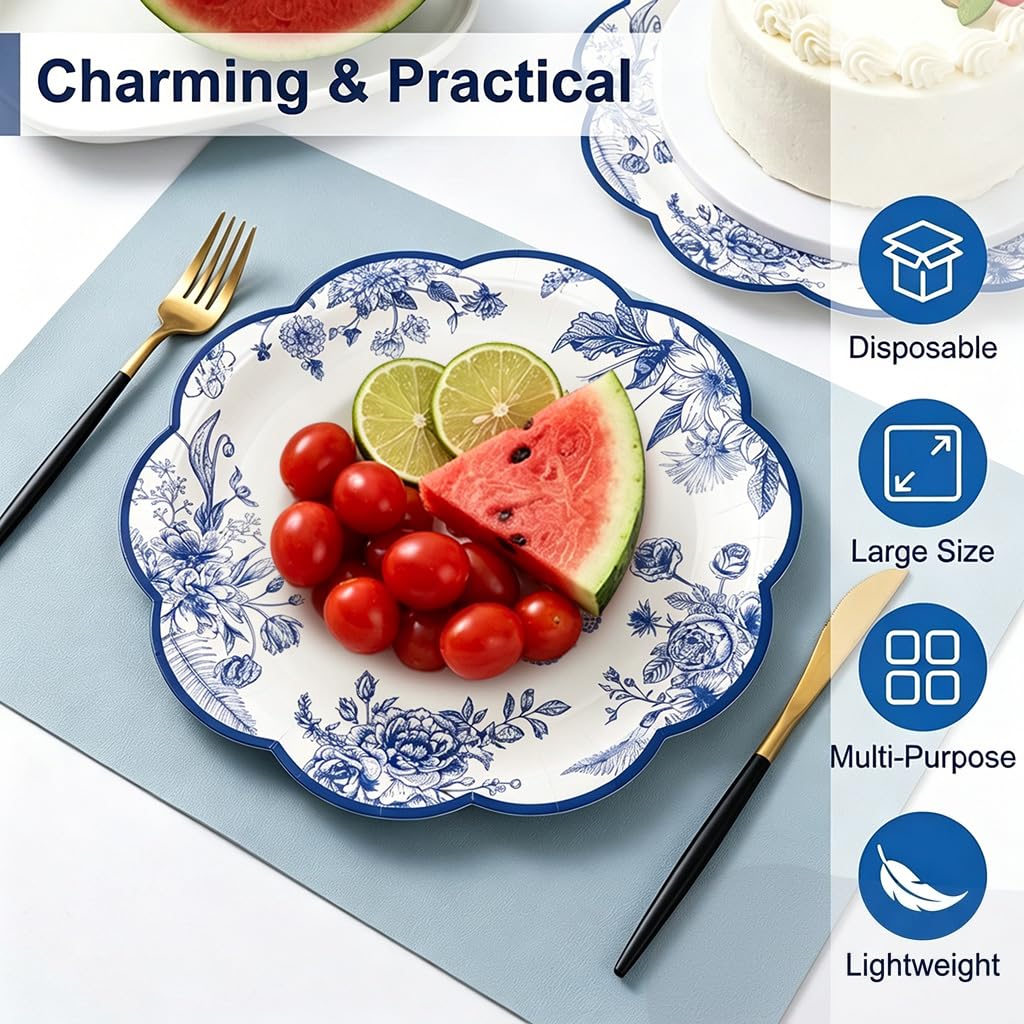 HASTHIP 24 Pack Blue Floral Paper Plates with Scalloped Edges for Parties and Table Decor