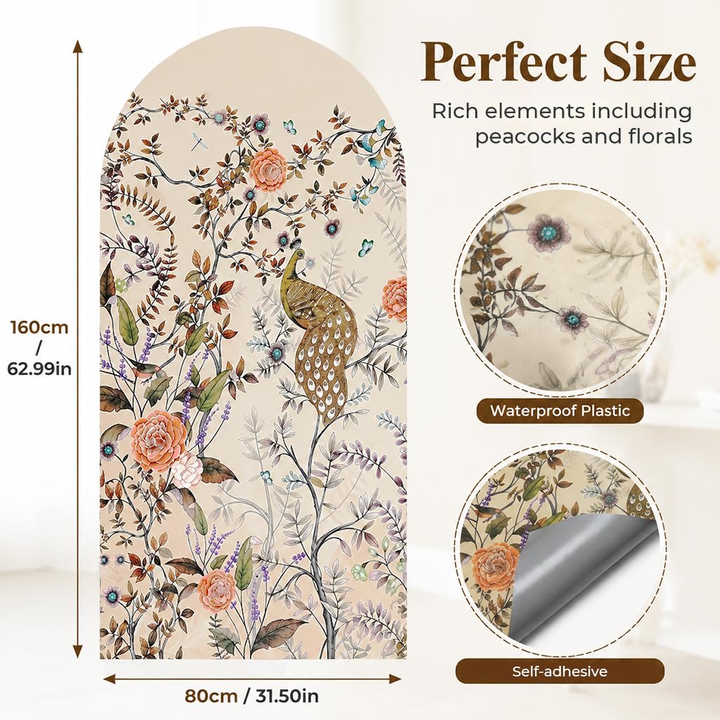 HASTHIP Peel-and-Stick Arch Wall Mural, Reusable Peacock-Inspired Decor, 80 by 160 cm