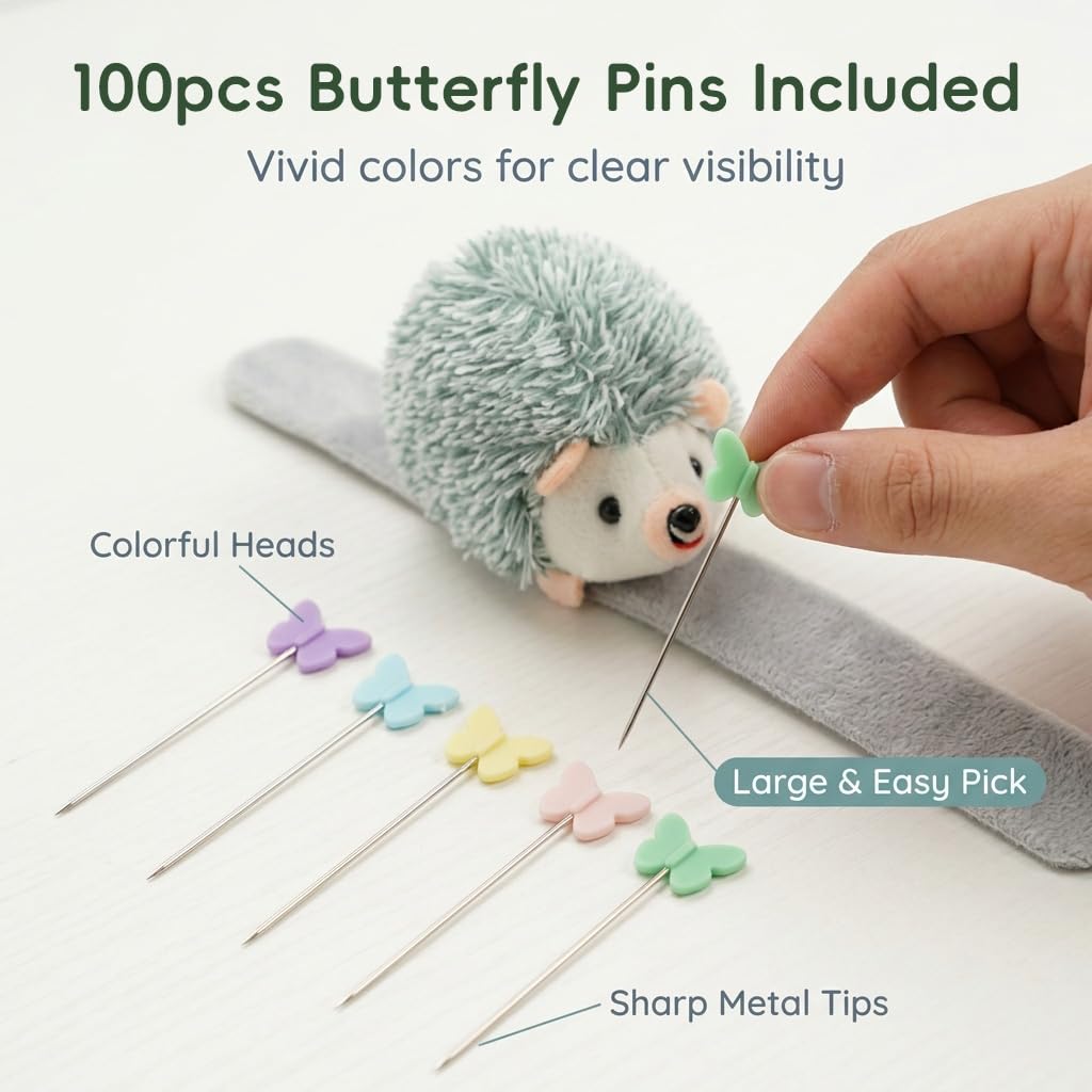 HASTHIP Wrist Pin Cushion with Adjustable Elastic Strap and Colorful Butterfly-Headed Pins for Sewing