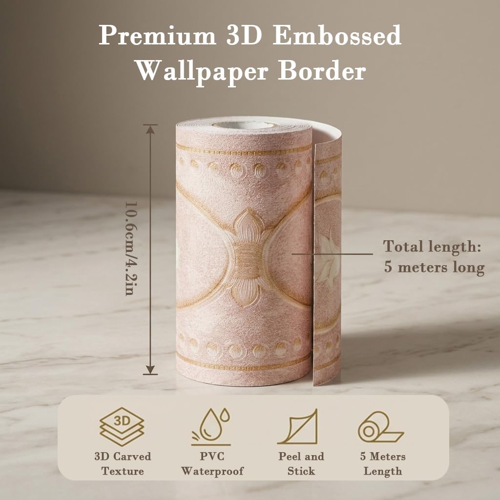 HASTHIP 3D Floral Peel-and-Stick Wallpaper Border, Water-Resistant Trim for Home Interiors