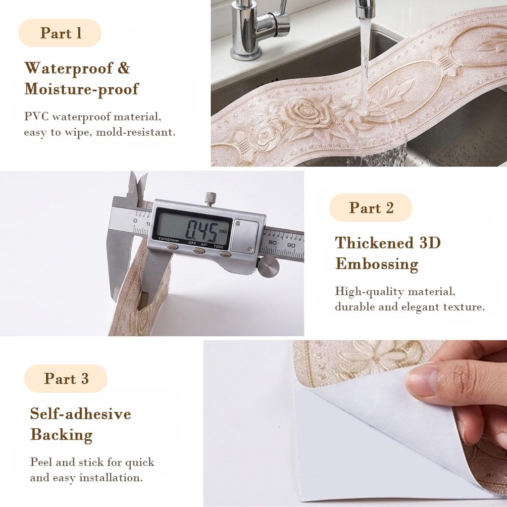 HASTHIP 3D Floral Peel-and-Stick Wallpaper Border, Water-Resistant Trim for Home Interiors