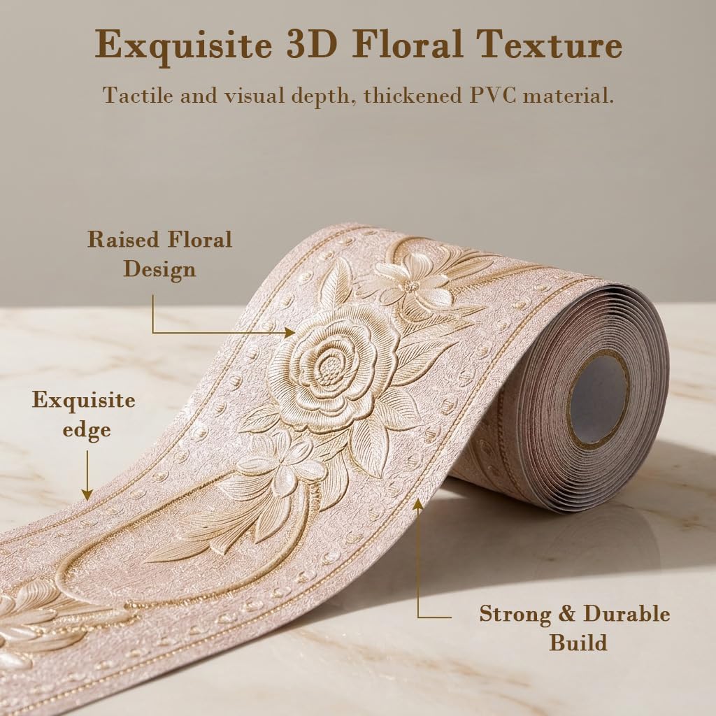 HASTHIP 3D Floral Peel-and-Stick Wallpaper Border, Water-Resistant Trim for Home Interiors