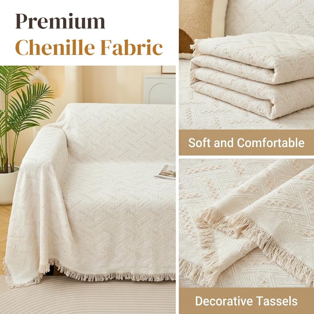 HASTHIP Chenille Couch Cover with Tassels and Woven Texture for Living Room Seating