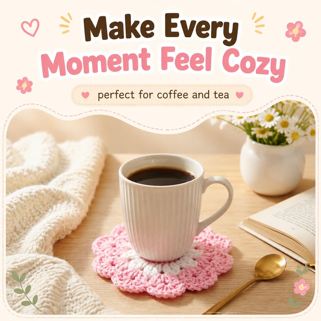 HASTHIP Crochet Cotton Coasters, Set of Five Floral Drink Mats for Cups and Mugs