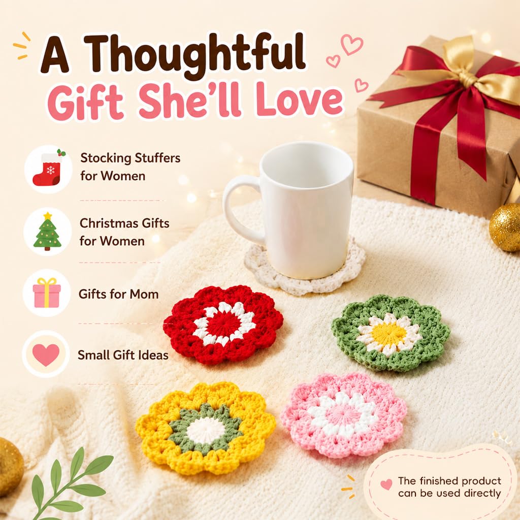 HASTHIP Crochet Cotton Coasters, Set of Five Floral Drink Mats for Cups and Mugs