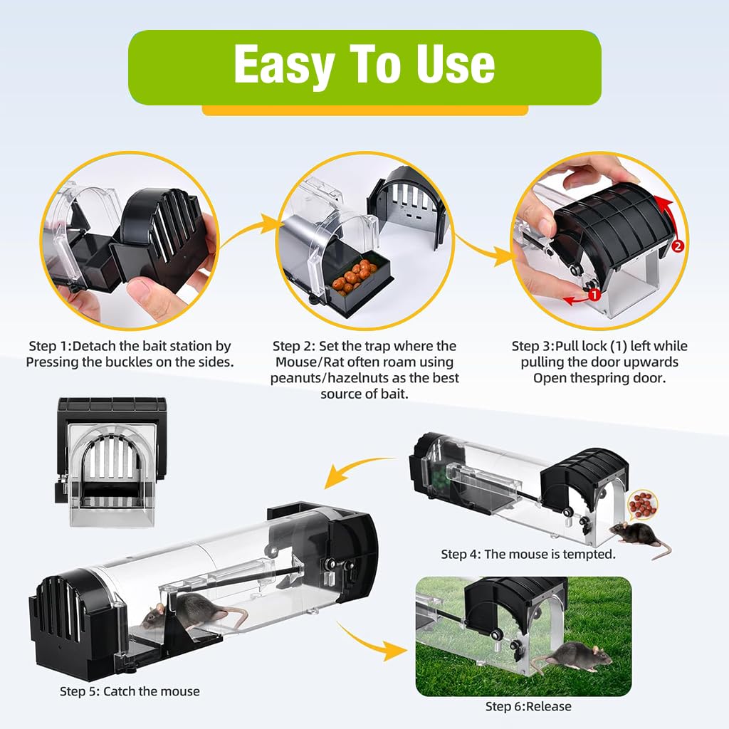 Step-by-step transparent ABS rat trap cage bait-station removal for home