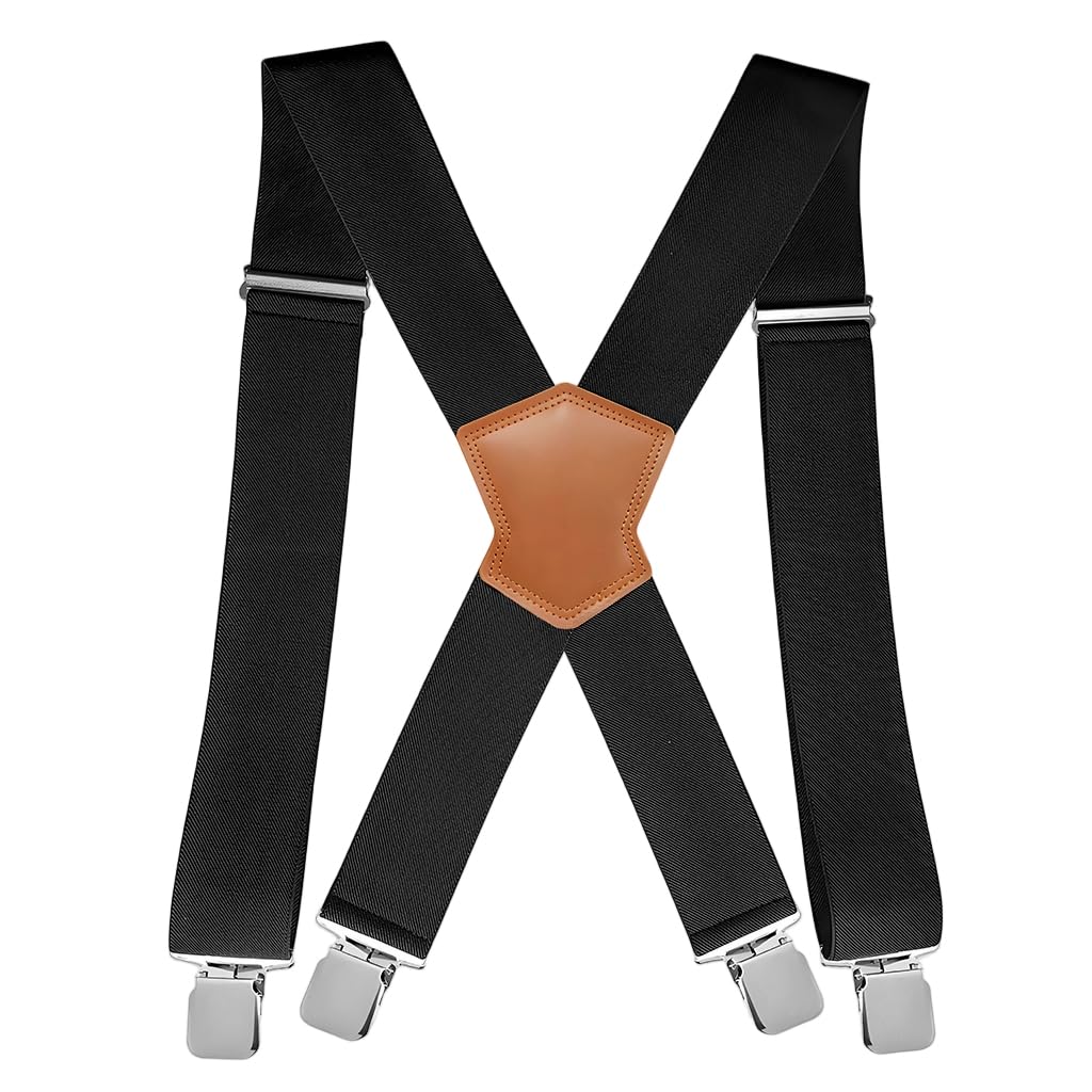 Men's X-back suspenders with leather patch and metal clips