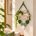 HASTHIP Boho Wall-Mounted Storage Shelf with Green Leaf Weaving, Tassel Trim and Wood Platform
