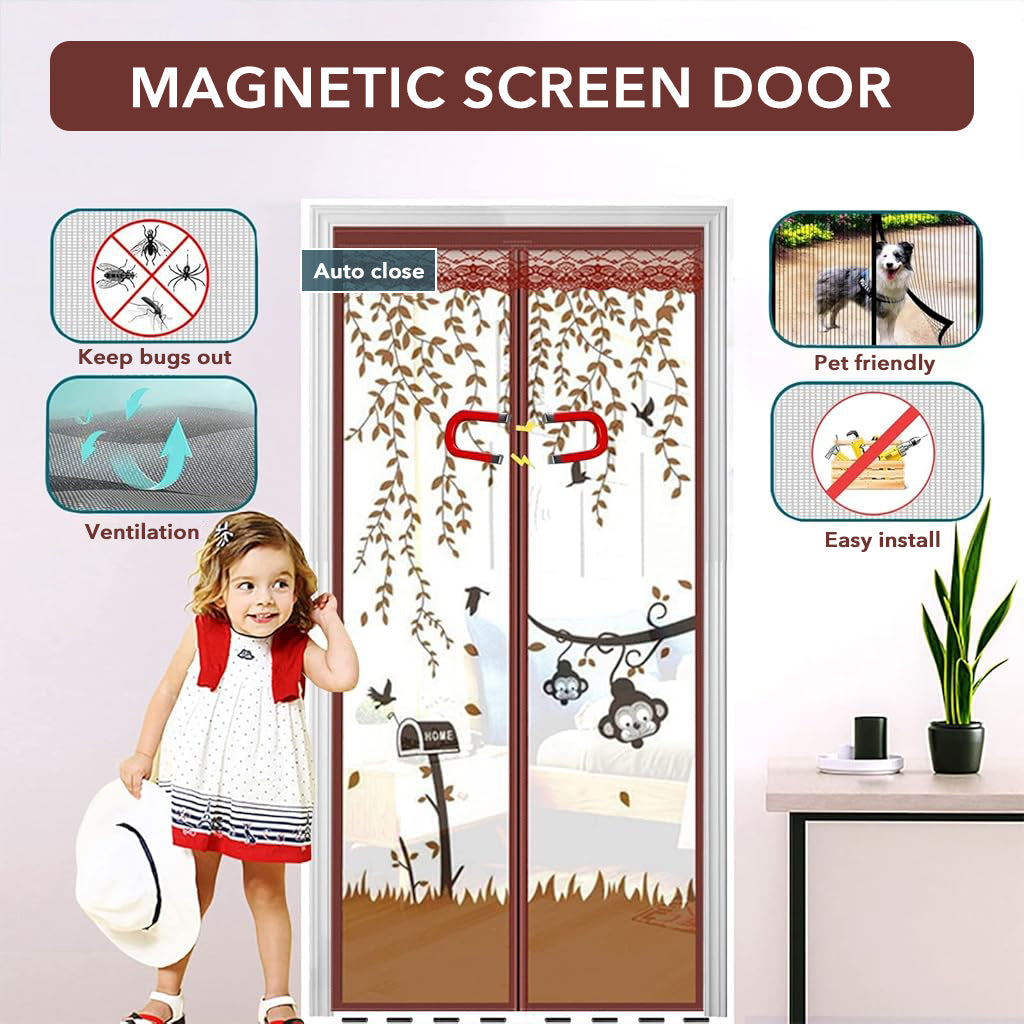 HASTHIP® Screen Door Mesh 39.37x 82.68 Inches Fashion Cartoon Mesh Screen Door Mosquito Proof Self Sealing Door Room Partition Screen Removable Hook and Loop Mesh Screen Door