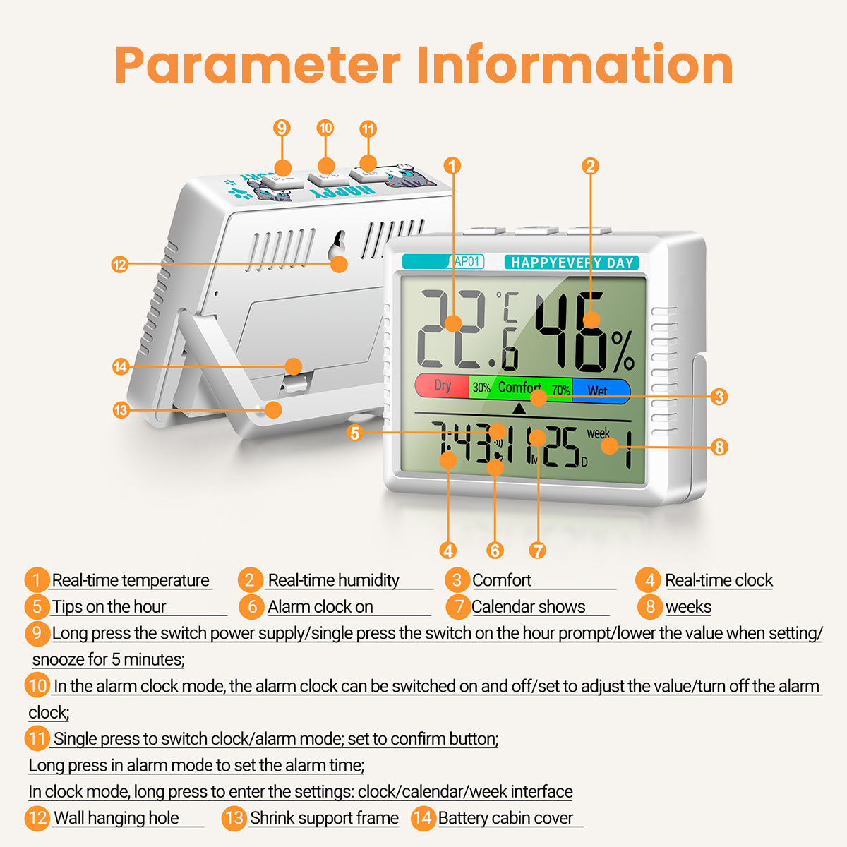 HASTHIP® Thermo-Hygrometer Alarm Clock with Snooze Modes, Date & Week Display, LCD Thermo-Hygrometer Wall Desktop Digital Thermometer with Temperature and Humidity Monitor (Battery Not Included)