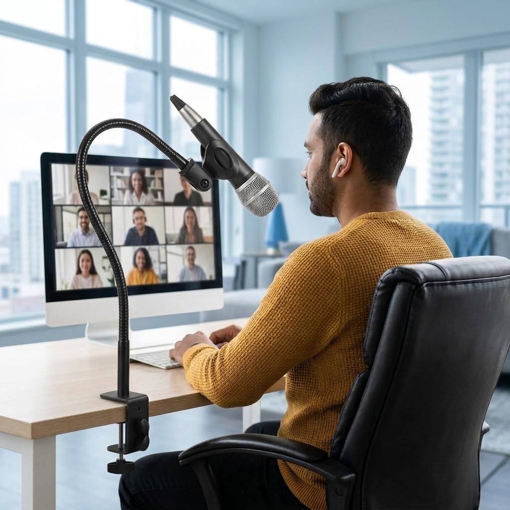 HASTHIP Flexible Gooseneck Desk Microphone Stand with Adjustable Clip and Hand-Tightened C-Clamp