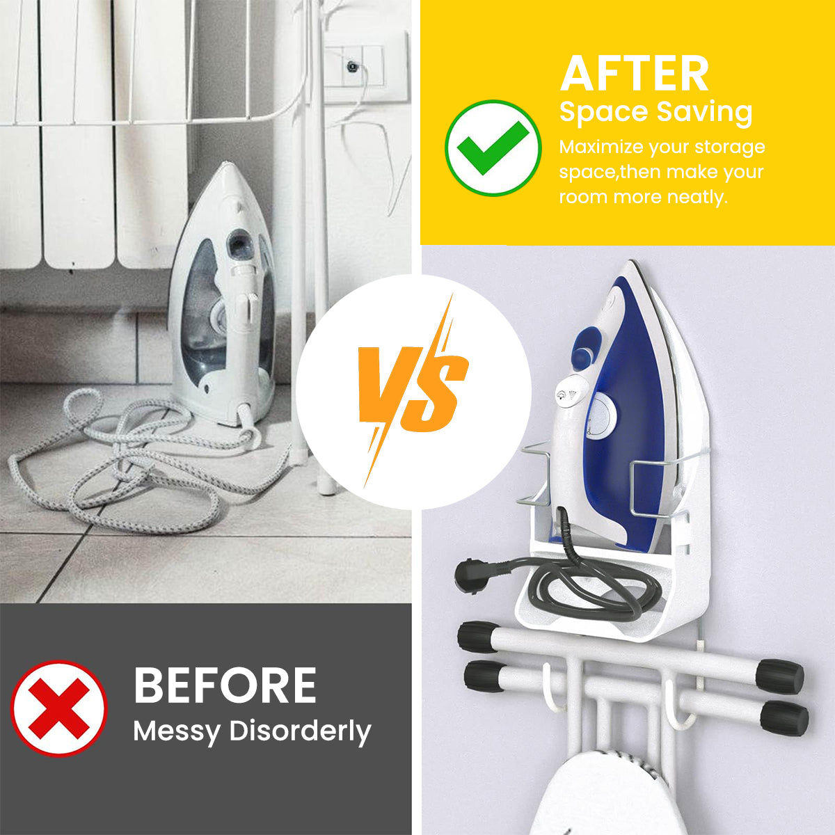 HASTHIP® Iron Board Hanger, Wall Mount Electric Iron Holder Iron and Ironing Board Storage Organizer Shelf with Removable Hooks for Household Bathroom Laundry Room