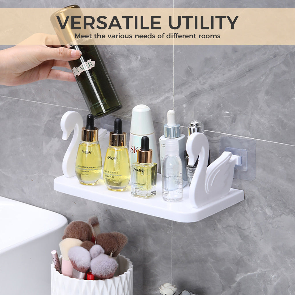 HASTHIP® Wall Shelf Aesthetic White Little Swan Storage Shelf Self Adhesive Wall Decor Shelf Bathroom Toiletries Storage Holder Utility Shelf for Kitchen, Bathroom, Office, 25x13x2.3cm
