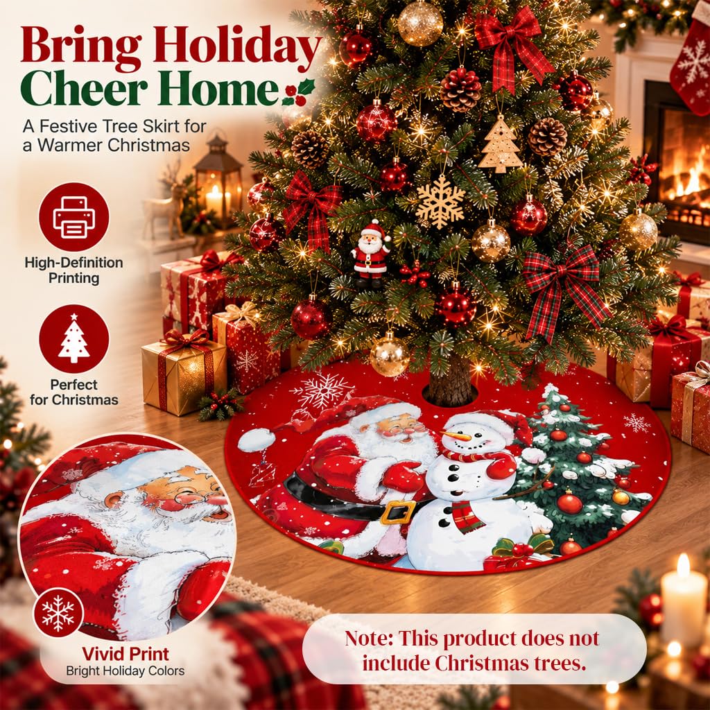 HASTHIP Christmas Tree Skirt, 35 Pulgadas (89 cm), Red Plush with Snowman and Snowflake Prints