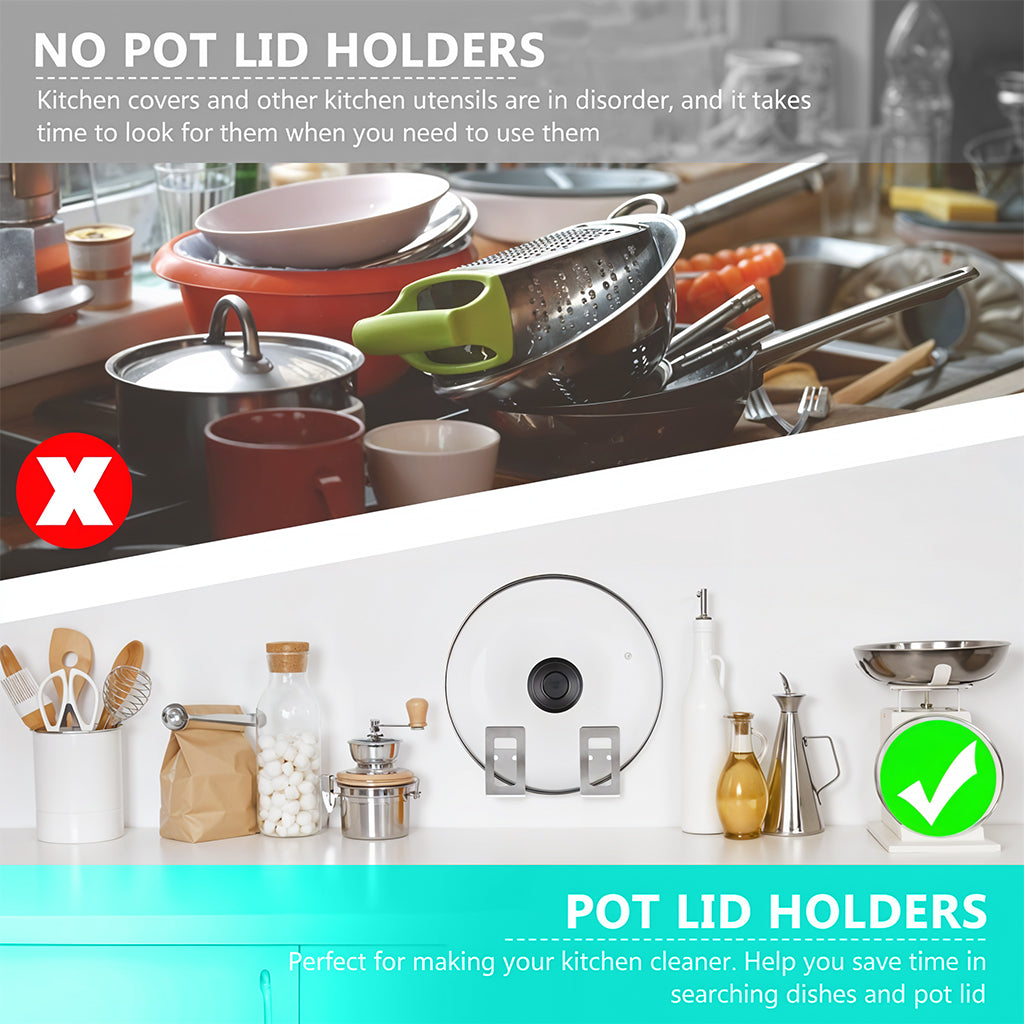 HASTHIP® 4Pcs Wall Pot Lid Holders Rackets Pre-punched Hole Design Stainless Pot Lid Organizer Holder Space Saving Kitchen Utility Wall Brackets for Pot Lids, Pan, Chopping Board