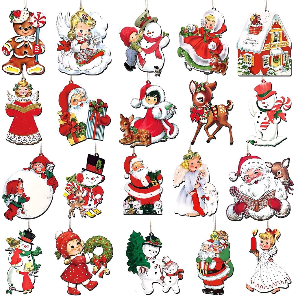 HASTHIP 20-Piece Wooden Christmas Tree Ornaments with Vintage Patterns, 8 cm Tall and Hanging Ropes