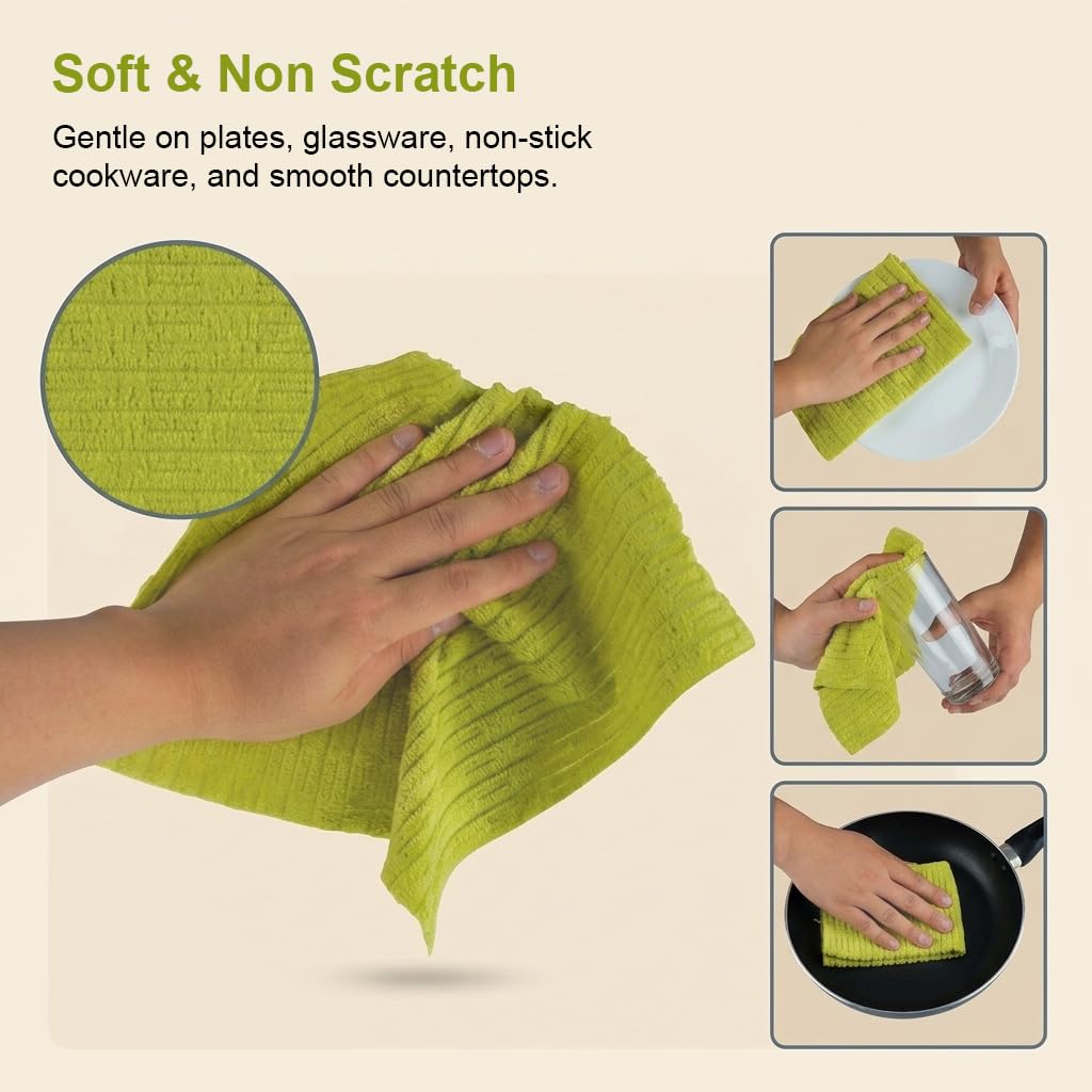 HASTHIP Microfiber Tear-Off Cleaning Cloth Roll, 20 Reusable Green Striped Wipes, 25 x 25 cm