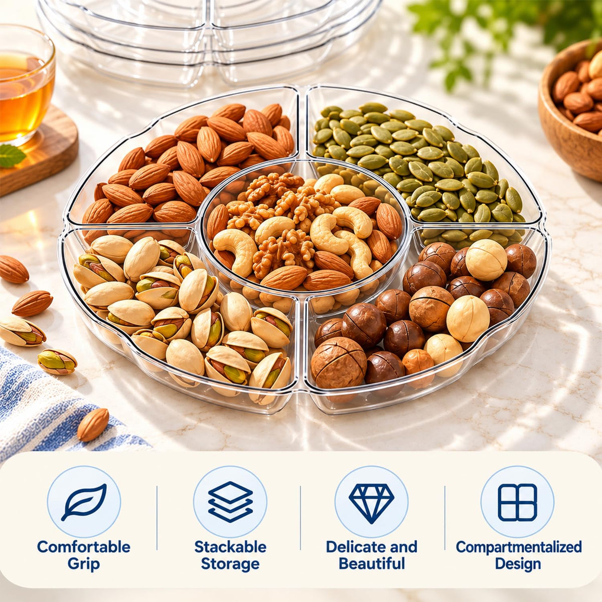 HASTHIP Clear Plastic Divided Serving Tray Set, 2 Pieces with Five Compartments and Drainage Holes