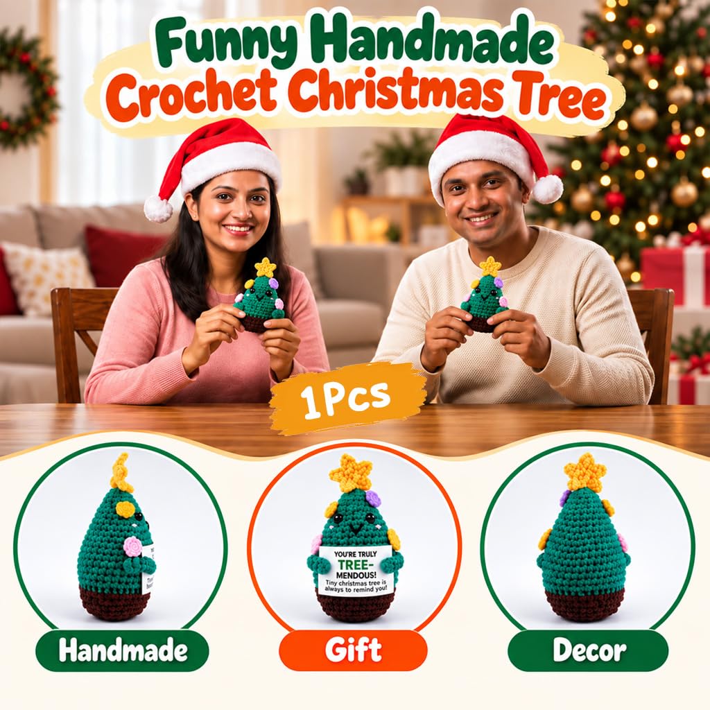 HASTHIP Handmade Cotton Crochet Christmas Tree Figurine with Treemendous Message Card Gift for Teachers