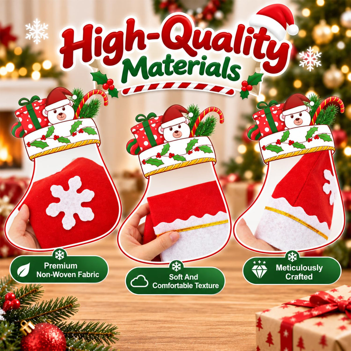 HASTHIP 12-Piece Mini Christmas Stocking Cutlery Holders with Hanging Loops and Four Festive Designs