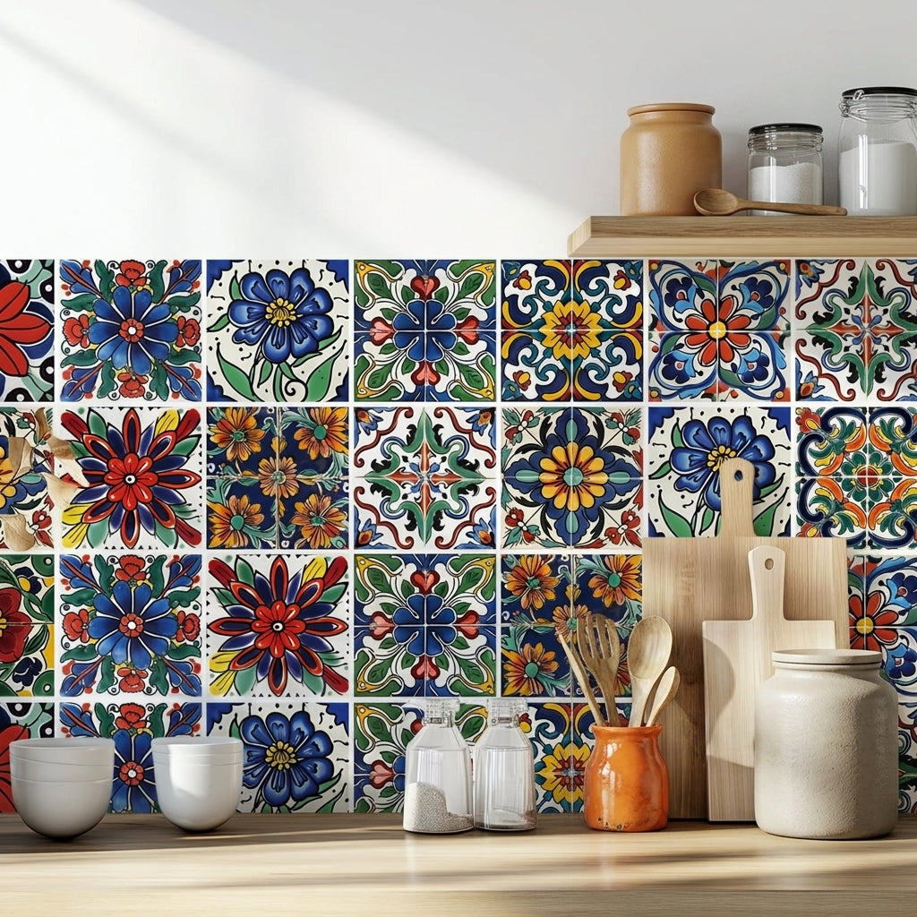 HASTHIP Peel and Stick Tile Decals, 30 Vinyl Stickers, 10 x 10 cm Mediterranean Floral Patterns