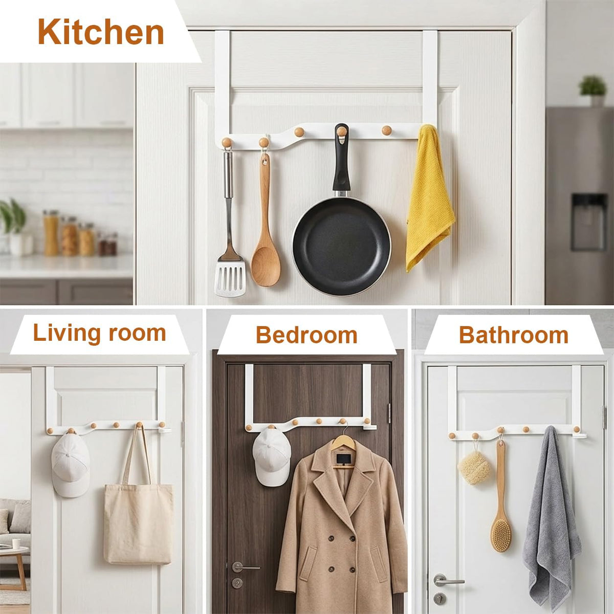 HASTHIP Over-the-Door Hook Rack with Six Non-Slip Wooden Hooks and No-Drill Hanging
