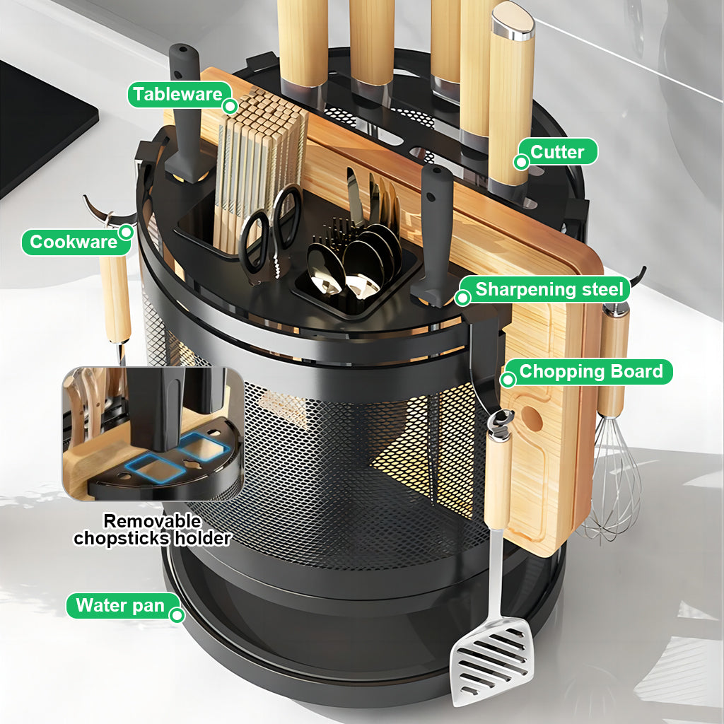 HASTHIP® Kitchen Organizer Rotatable Carbon Steel Multi Compartment Modern Kitchen Utensil Organizer Tableware Draining Rack Cutting Board Rack Cutter Holder Storage Holder with 4 Hooks, 23.5x24cm