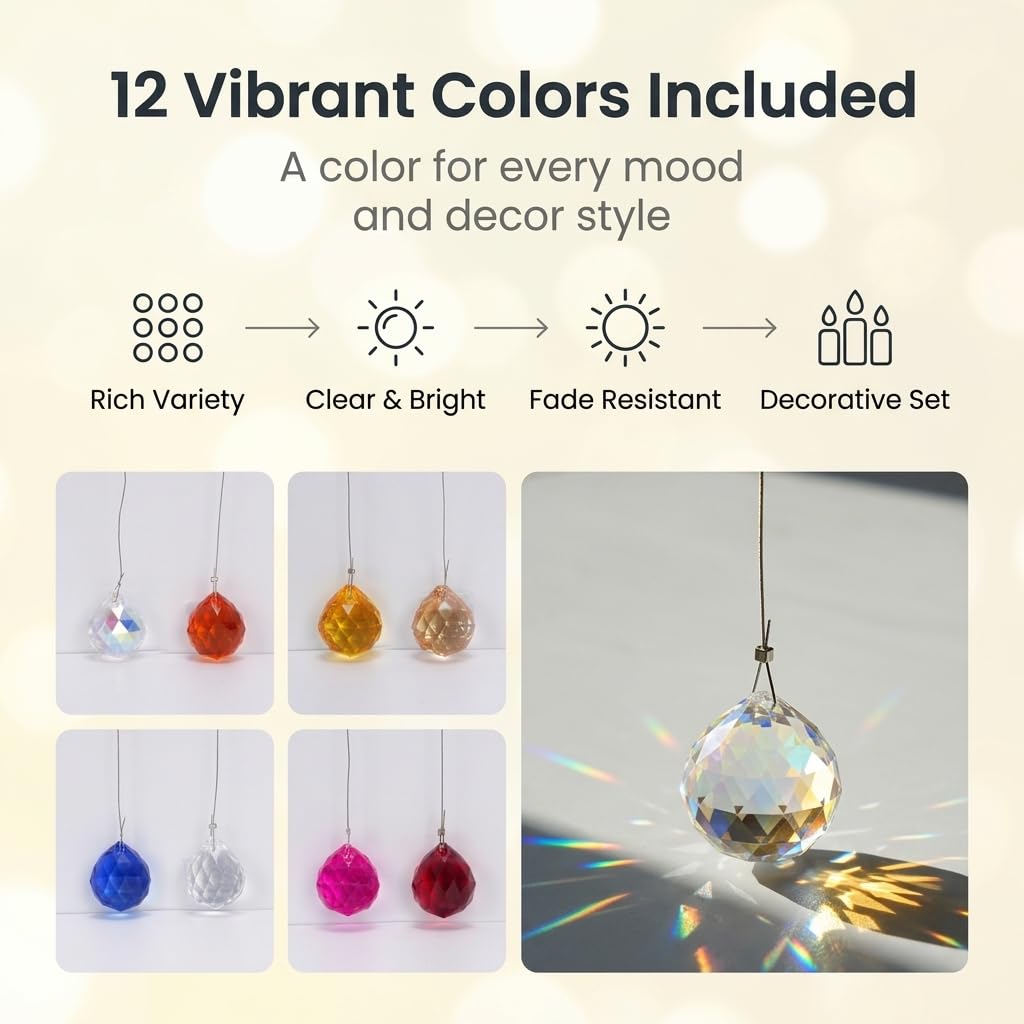 HASTHIP 12 Pcs 20mm Multicolor Crystal Ball Prism Suncatchers Steel Wire Rope And Ring
