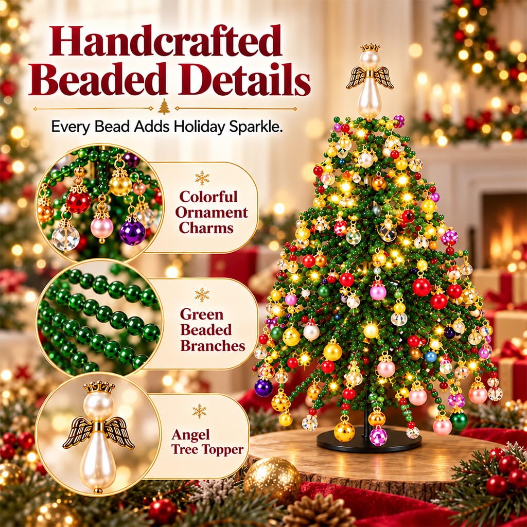 HASTHIP DIY Beaded Christmas Tree Kit with Metal Frame, Angel Topper and Colorful Beads