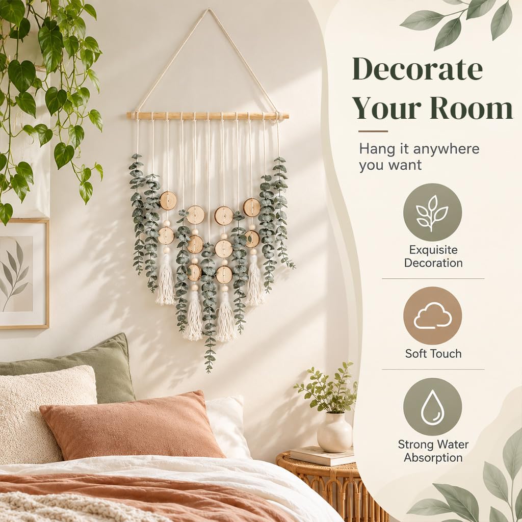 HASTHIP Artificial Eucalyptus Wall Hanging with Green Foliage and 15.7-Inch Wooden Rod