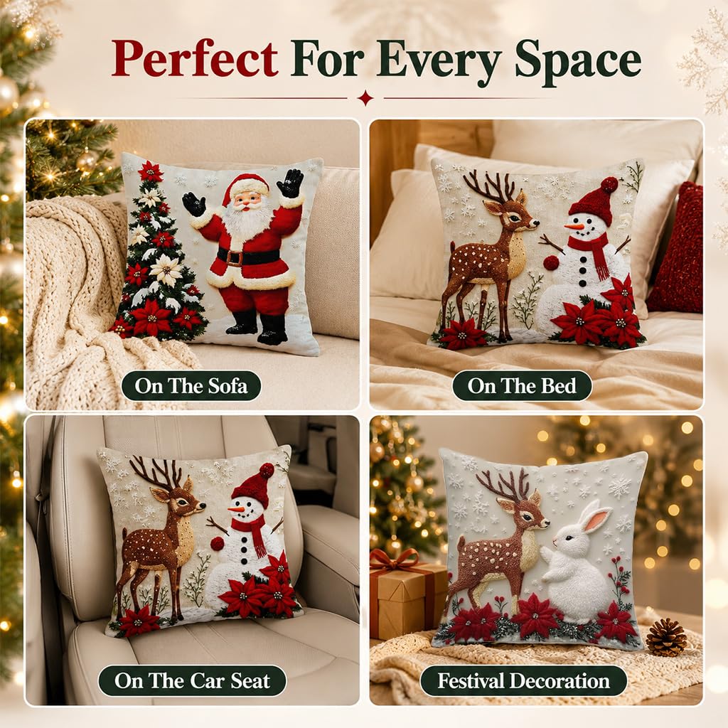 HASTHIP Christmas Cushion Covers, Set of 4, 45 x 45 cm, with Reindeer, Santa and Snowman Prints