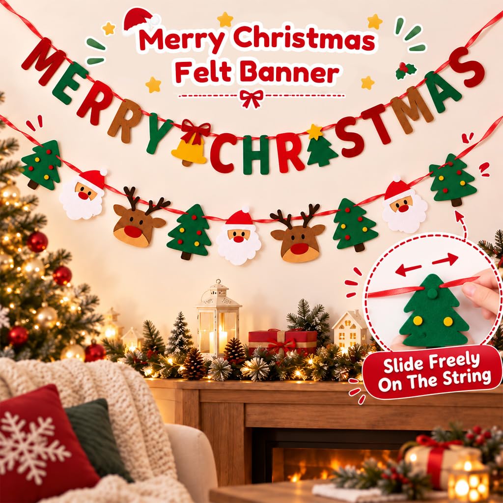 HASTHIP Felt Christmas Banner Set with Merry Christmas and Santa Designs, Adjustable Hanging Cord