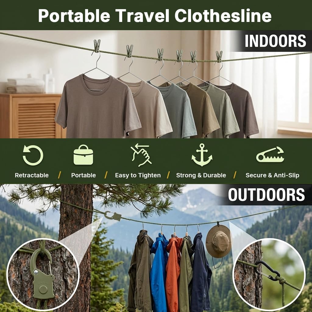 HASTHIP Retractable Clothes Line with Self-Locking Pulley and Non-Slip Metal Clips for Home and Travel