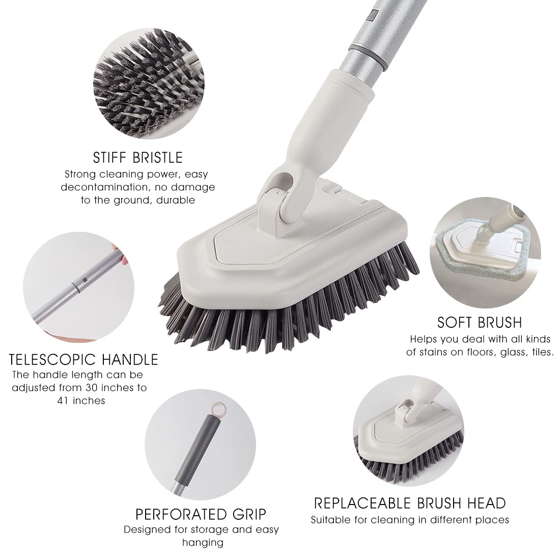 HASTHIP Bathroom Cleaning Brush with 39" Extendable Handle and Two Replaceable Heads for Home