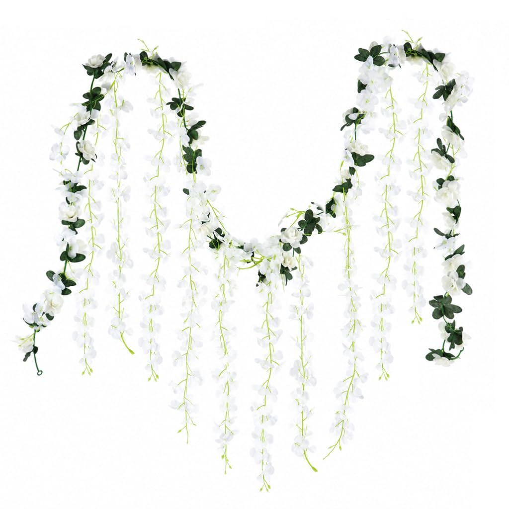 HASTHIP White Artificial Wisteria Garland, 2,5 m with 10 Silk Flower Strands for Wedding Decor