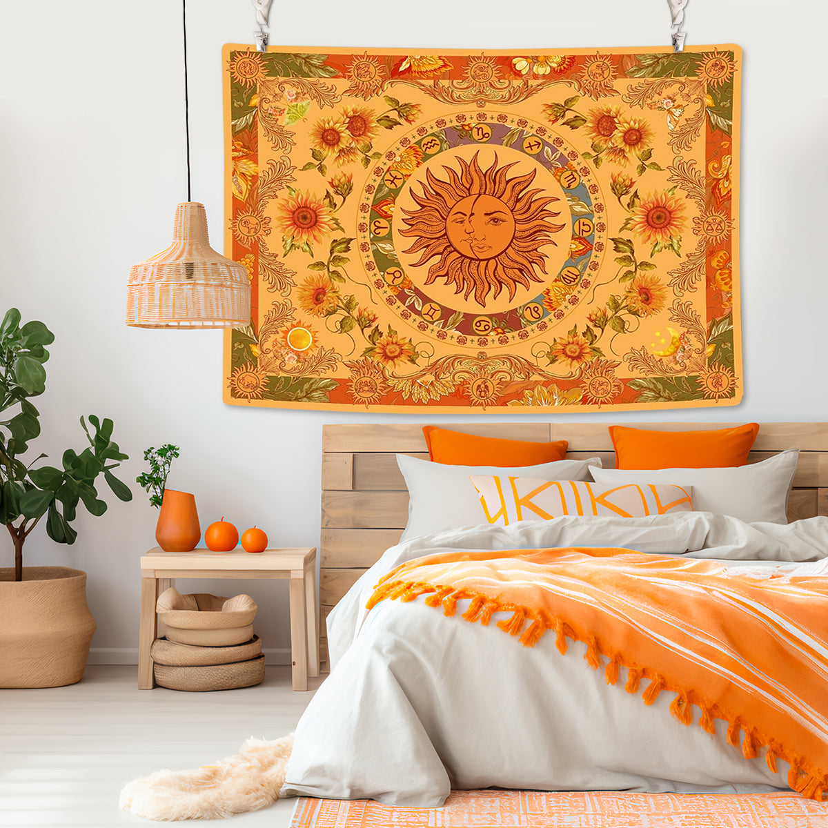 HASTHIP® Sun and Moon Tapestry, Aesthetic Sun Moon Sunflower Tapestry, Retro Tapestries Wall Art Tapestry Cover Wall Hanging Room Decor for Bedroom Livingroom, 51x59 inches