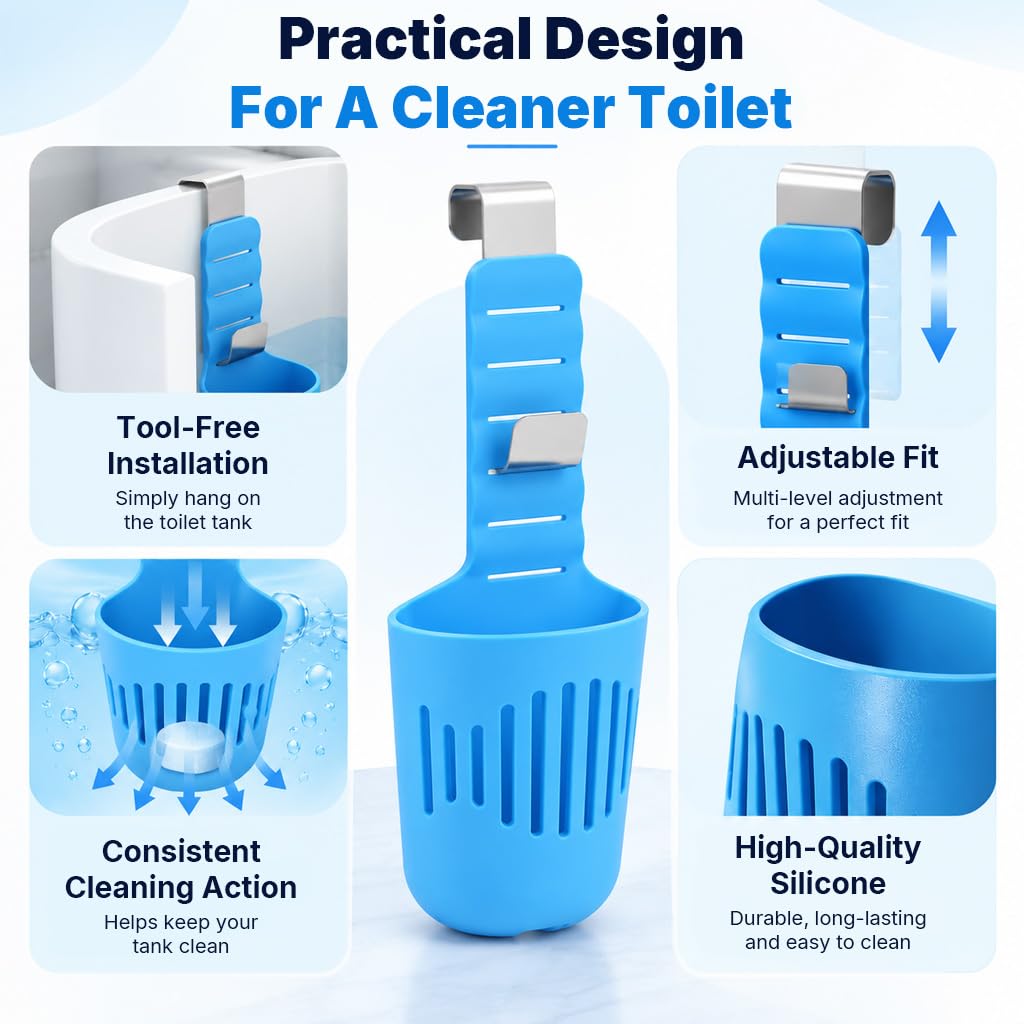 HASTHIP Adjustable Toilet Tank Tablet Holder with Silicone Basket and Rustproof Metal Hooks, Blue