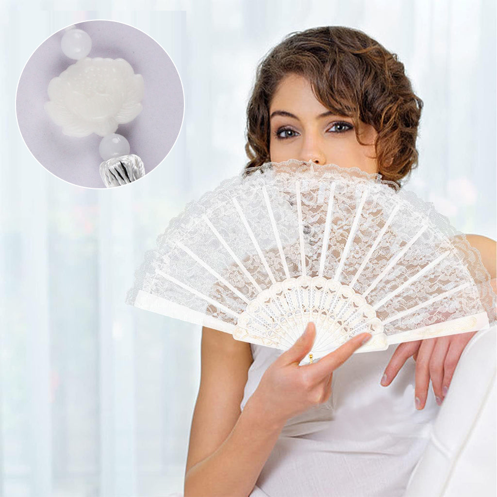 HASTHIP® Hand Fan Elegant White Fabric Hand Fan Traditional Chinese Fan with Tassel Charm Summer Fan Handheld Cooling Fan Travel Hand Fan Gift for Girls Women, 9 inches
