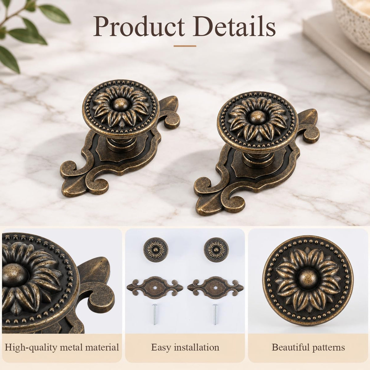 HASTHIP 2-Piece Mushroom Cabinet Knobs in Zinc Alloy with Antique Brass Backplates