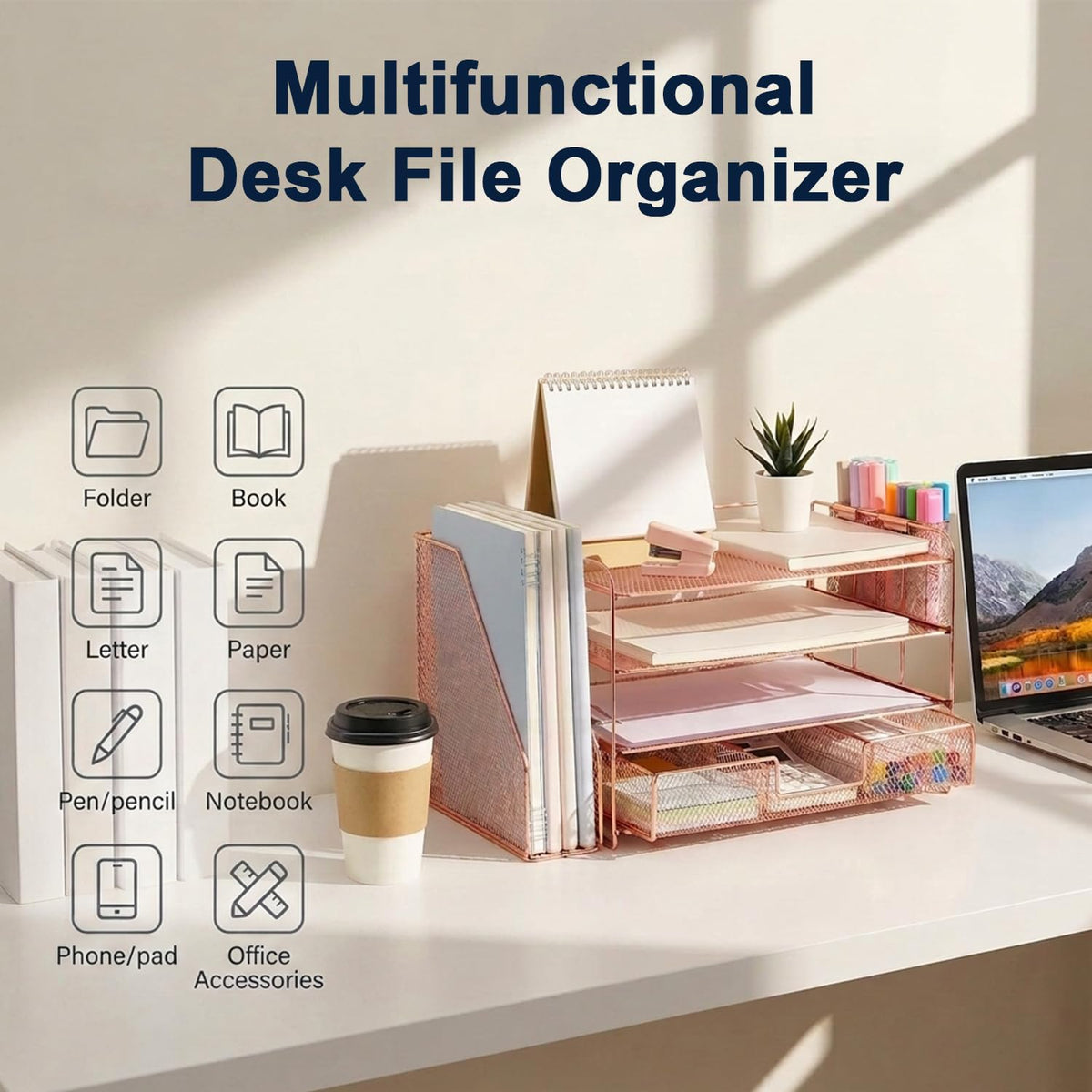 HASTHIP 4-Tier Desk Organizer with Metal Mesh File Holder, Trays, Pen Compartments and Drawer